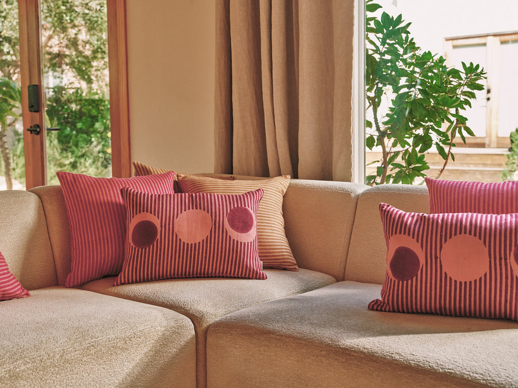 Desert Stripes- Block printed Pillow Cover-(Magenta)