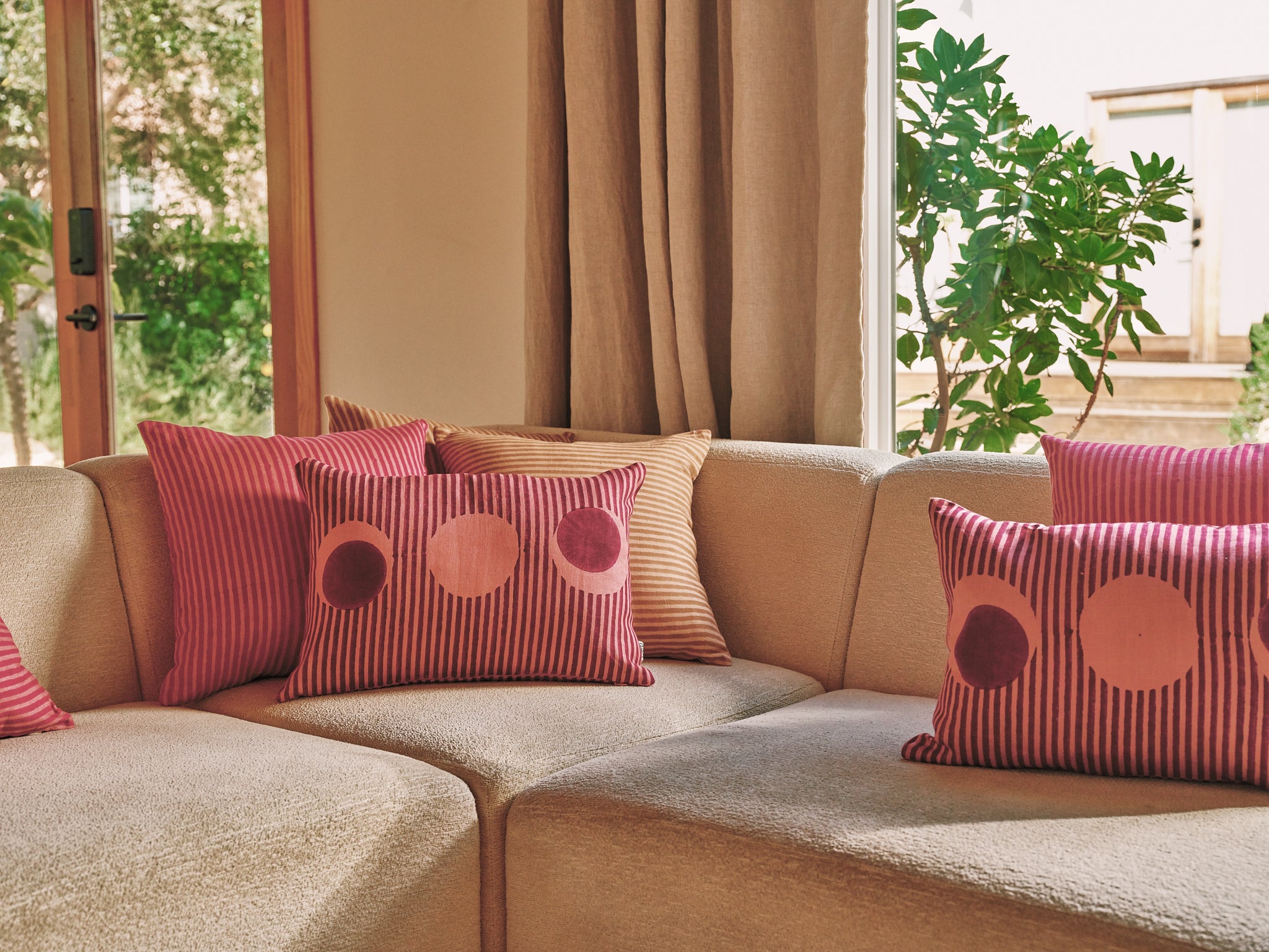 Desert Stripes- Block printed Pillow Cover-(Magenta)
